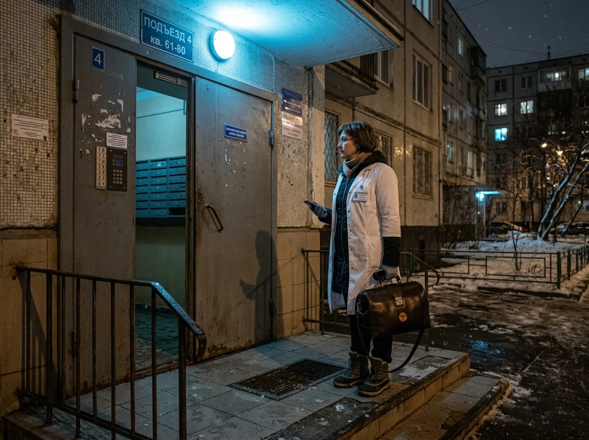 Врач-нарколог в белом халате с медицинским чемоданчиком у входа в московскую квартиру, ночное время, спокойная профессиональная атмосфера, синий приглушённый свет