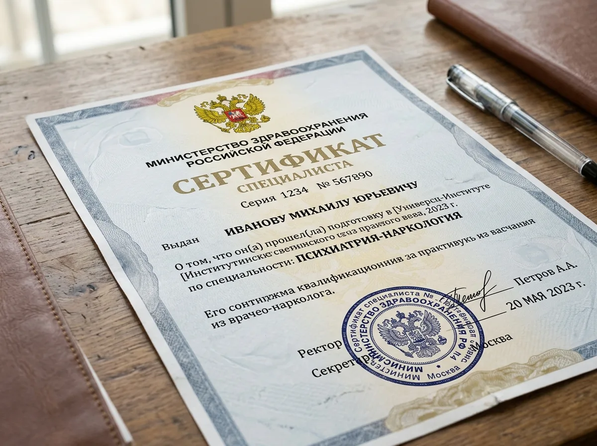Сертификат специалиста врача-нарколога Министерства здравоохранения РФ, документ с гербовой печатью