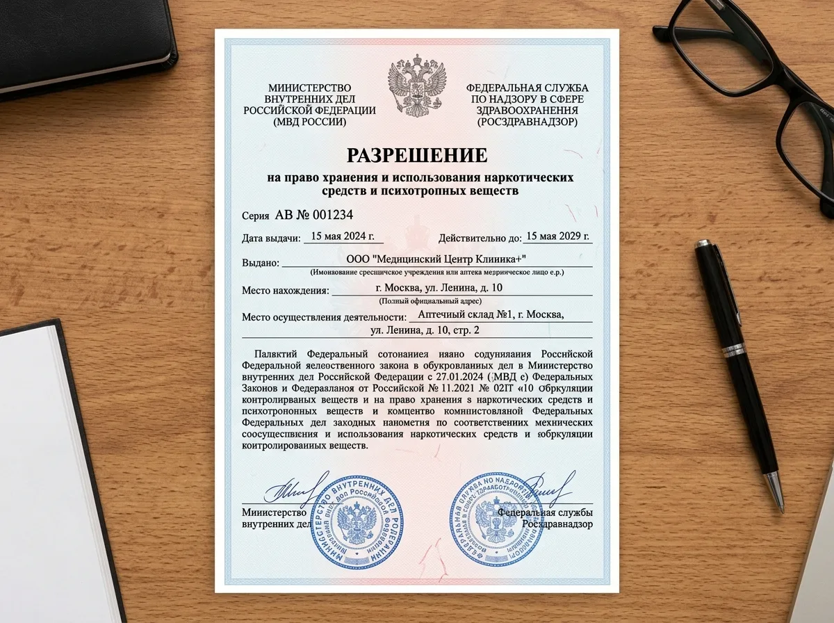Разрешение на хранение и использование наркотических и психотропных лекарственных препаратов, выданное МВД и Росздравнадзором
