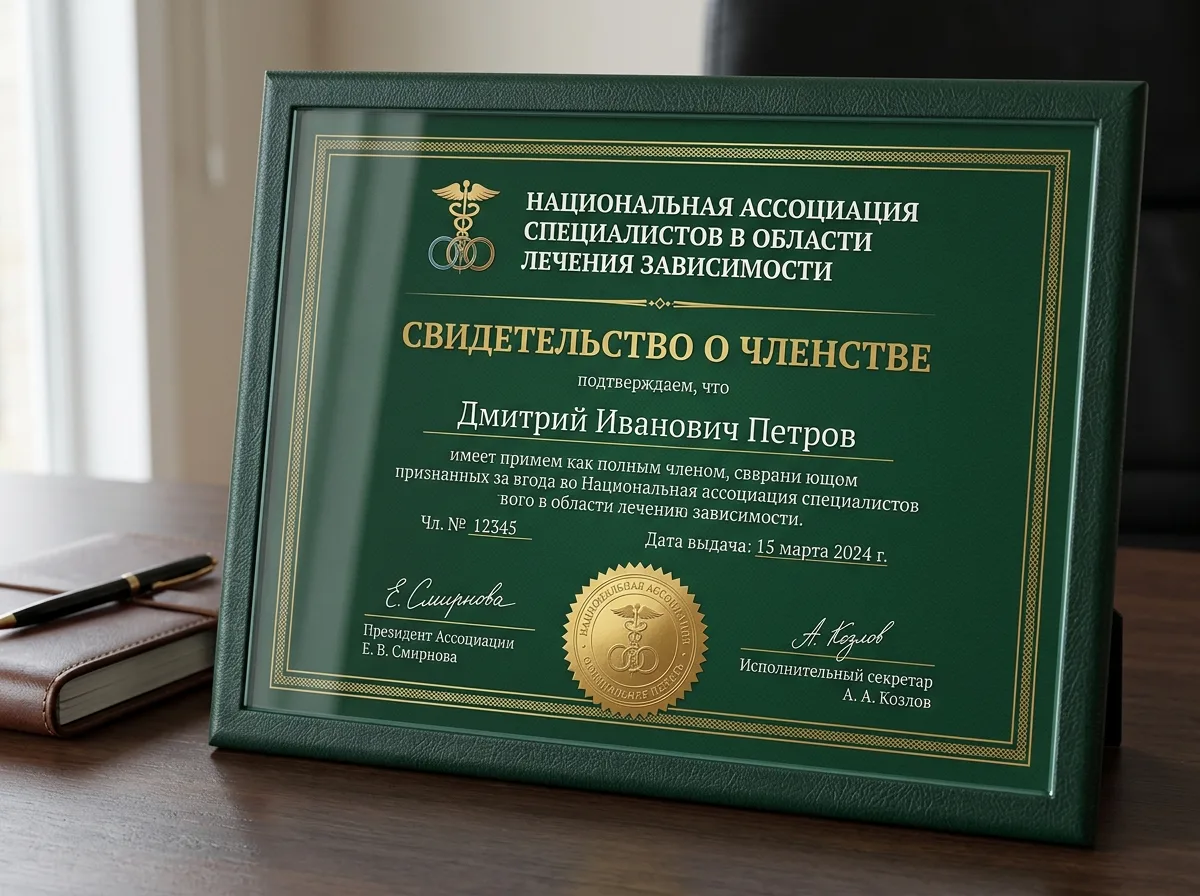 Свидетельство о членстве в Национальной ассоциации специалистов в области лечения зависимости, зелёный документ с золотой печатью